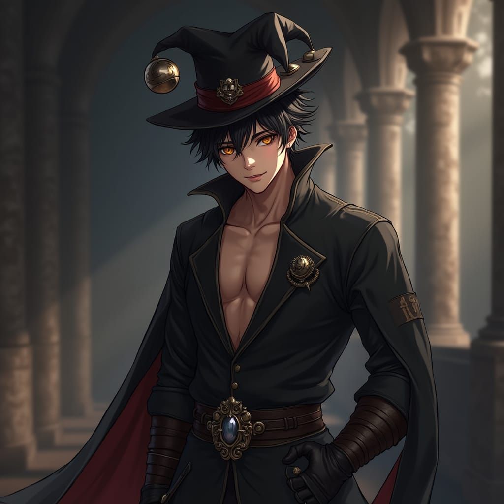 Charming Medieval Clown with Golden Eyes and Amber Skin