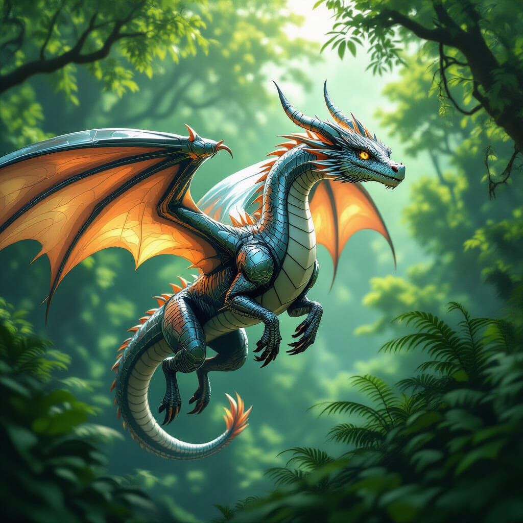 Chrome Dragon Soaring Through Emerald Forest