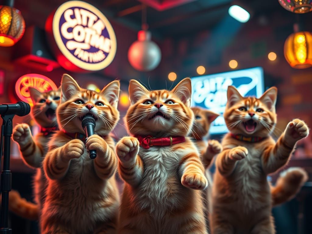 Cute Cats Singing Karaoke in Festive Bar