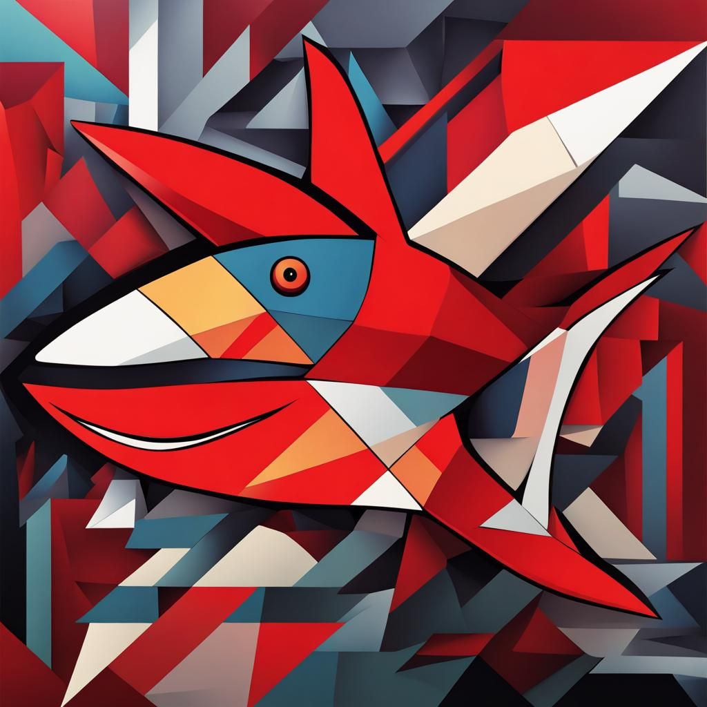 Geometric Red Shark in Neo-Cubist Style