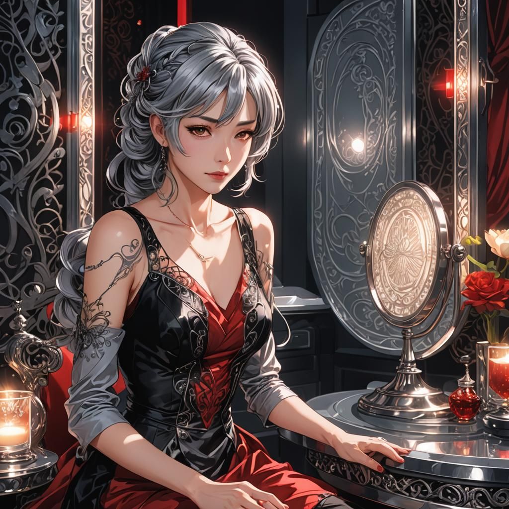Anime Portrait of Woman at Vanity in Manga Style