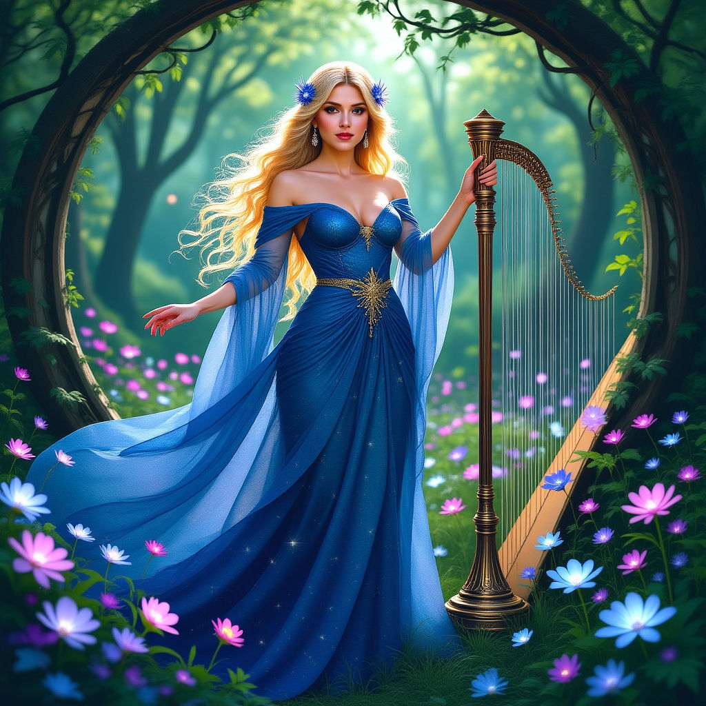 Celestial Goddess in Bioluminescent Grove, Art Nouveau Style