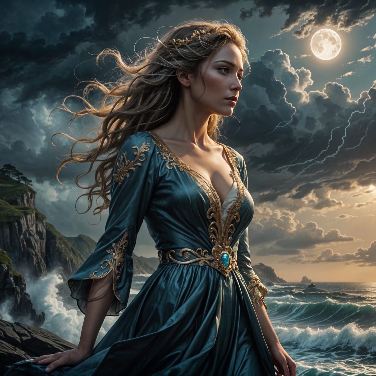 Elegant Woman on Cliff Overlooking Stormy Sea