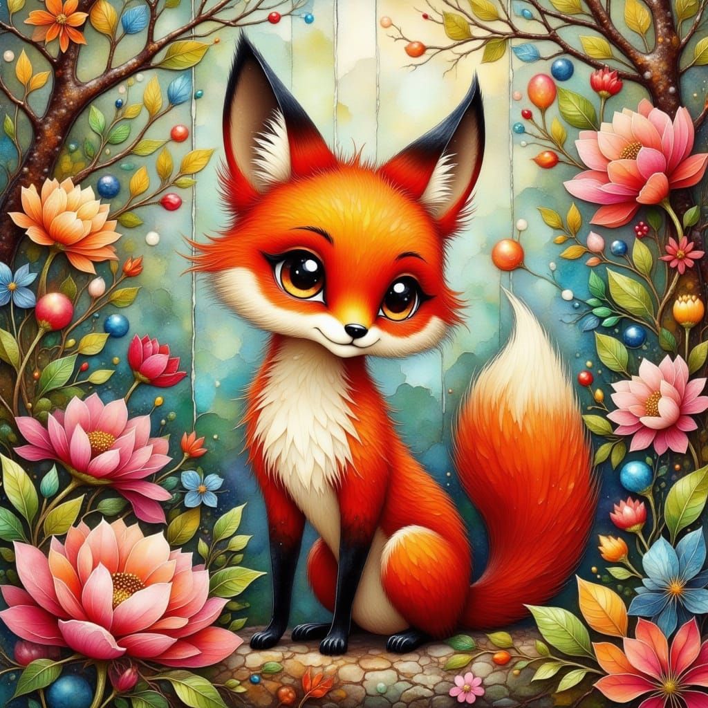 Red Fox Cub in a Colorful Garden