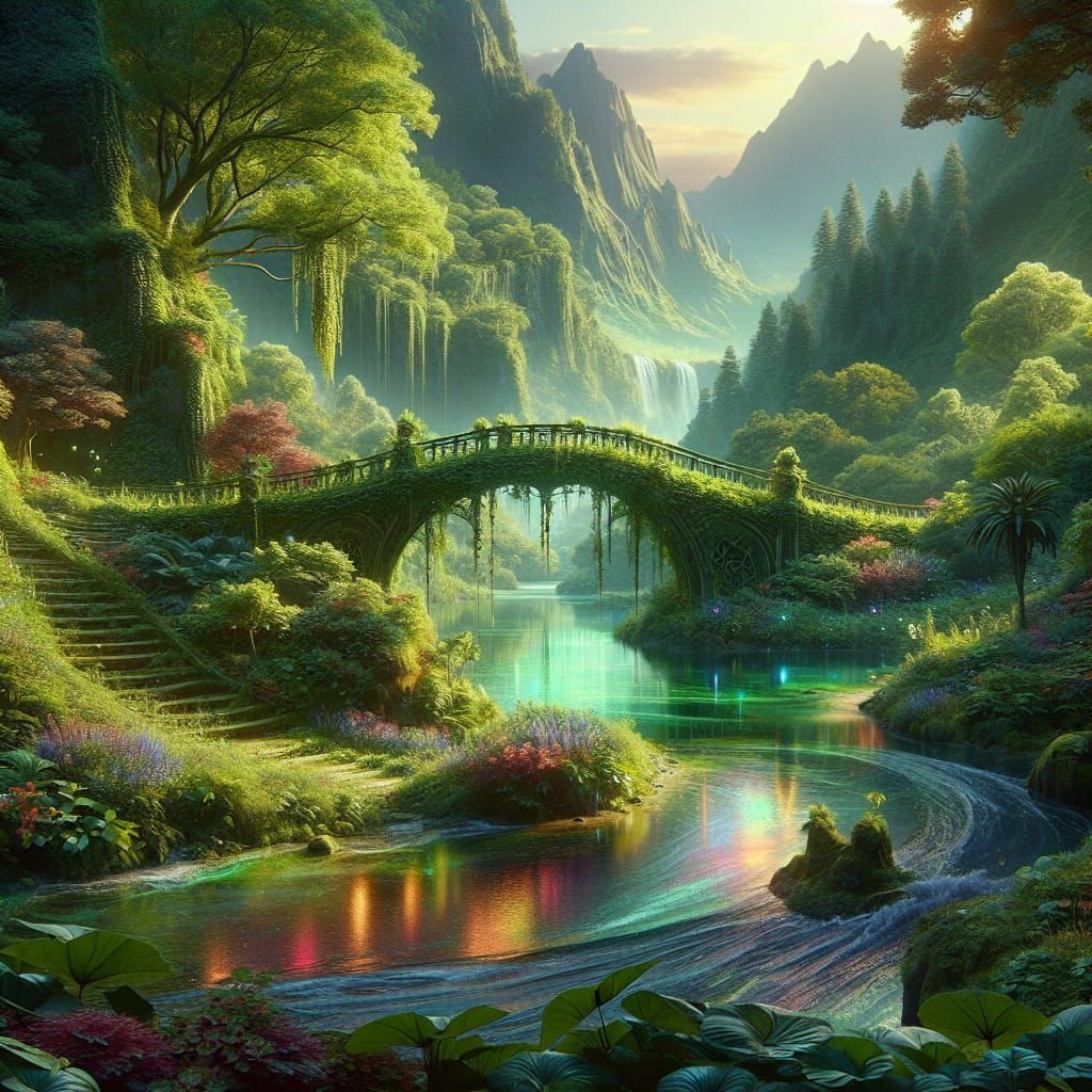 Fantastical Landscape with Bridge in Lush Park