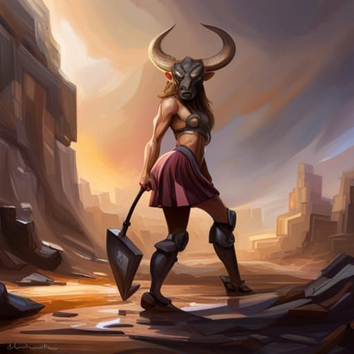 Hyperrealistic Minotaur in Mini Skirt Splash Art
