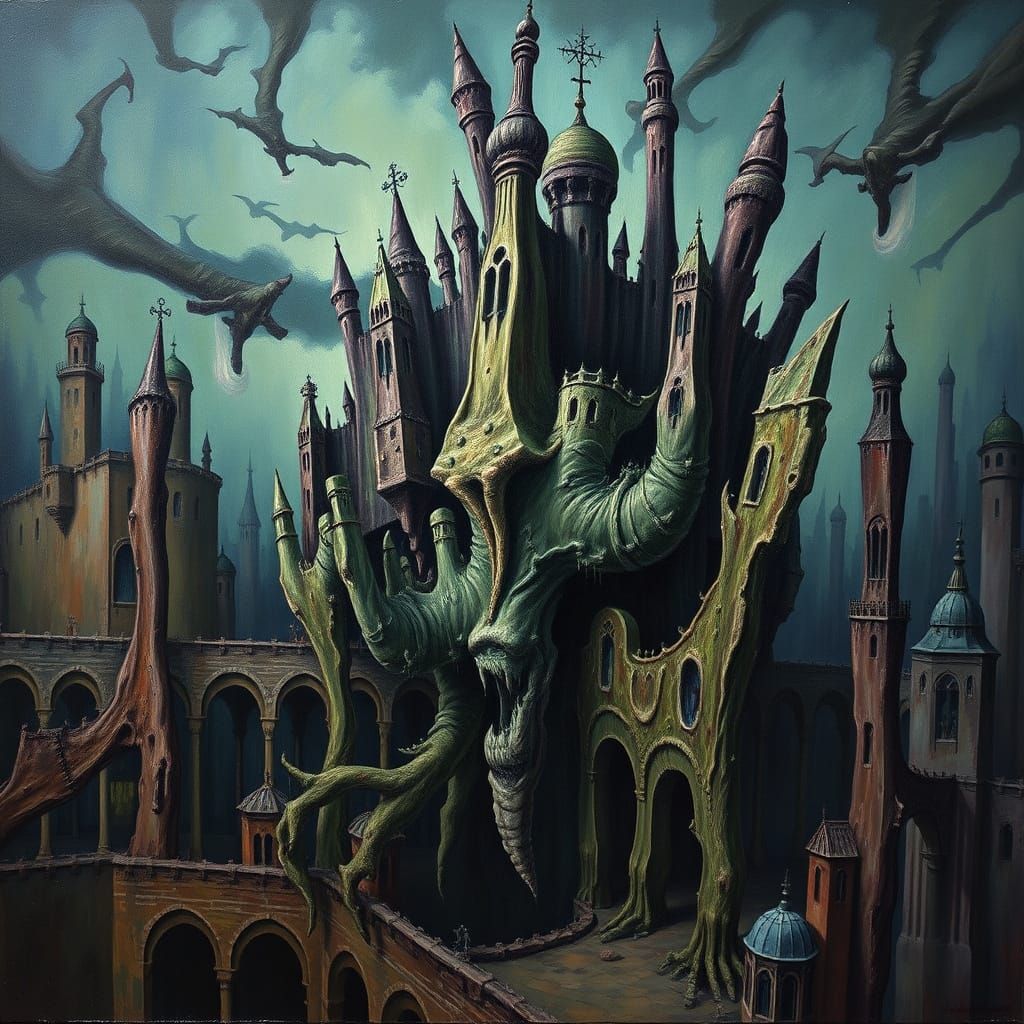 Nightmarish Architecture in Gaudí-Inspired Oil Painting