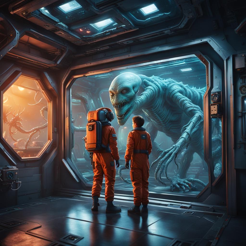 Terrified Scientist and Alien Monster in Spaceship