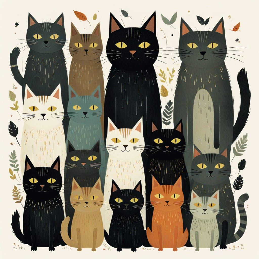 Whimsical Cat Tribe Illustration in Children's Book Style
