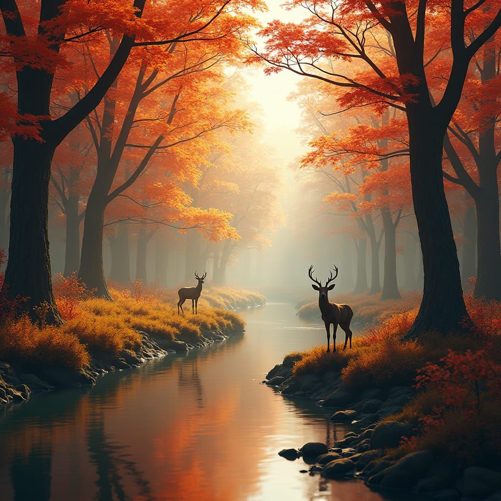 Autumn Forest Landscape with Deer, Matte Painting