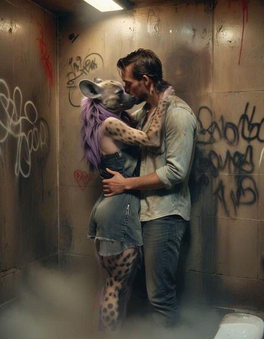 Furry Hyenas Share a Kiss in a Filthy Bathroom