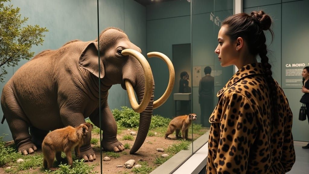 Woman in Leopard Coat Contemplates Mastodon and Marmosets in...