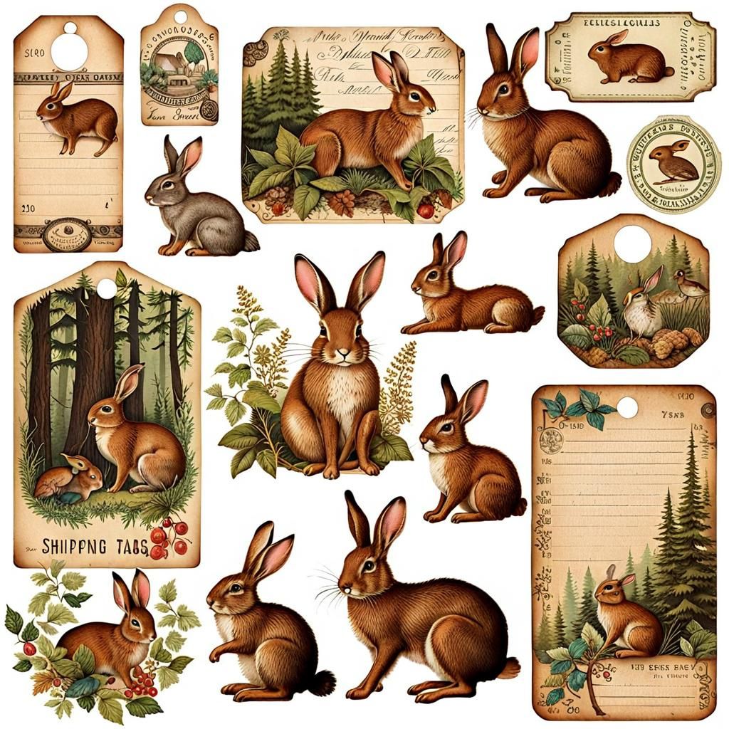 Woodland Rabbit Vintage Shipping Tags for Art