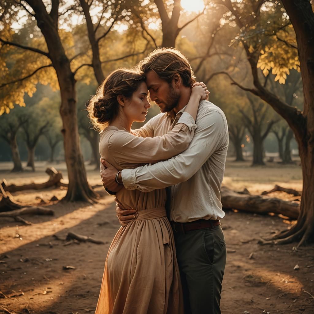 Romantic Couple Embrace in Golden Sunset Light