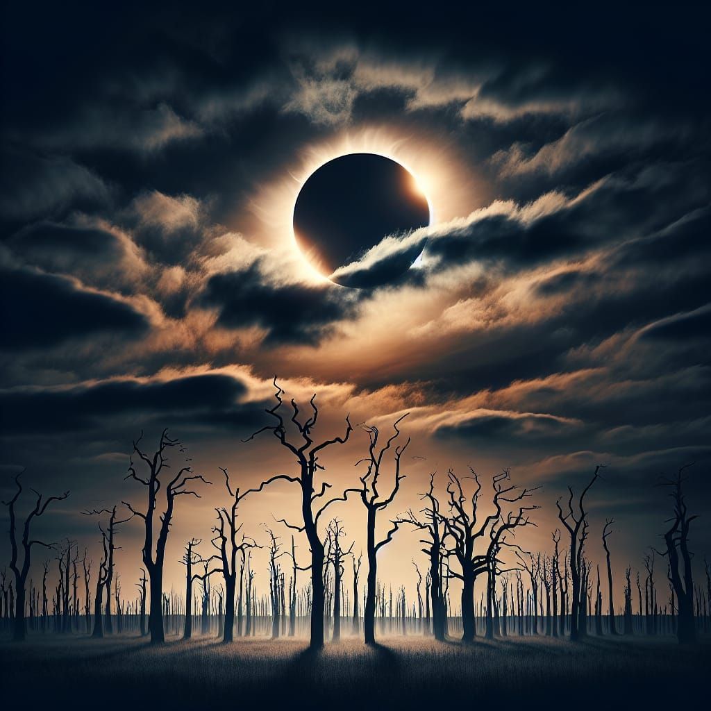 Dramatic Solar Eclipse Silhouetted Against Bare Trees