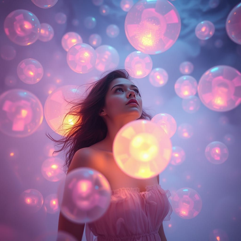 Ethereal Dreamscapes: Weightless Beauty in a Neon-Lit World