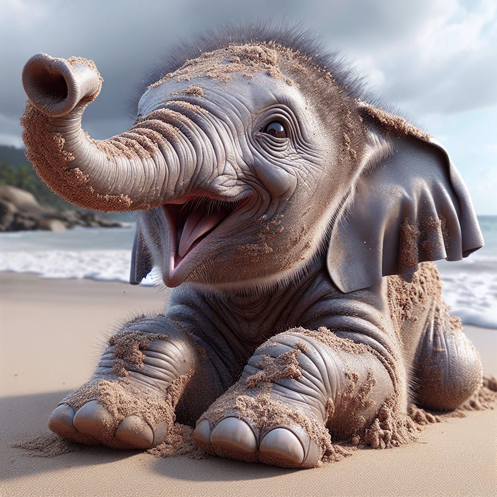 Baby Elephant Covered in Sand Smiles at the Beach