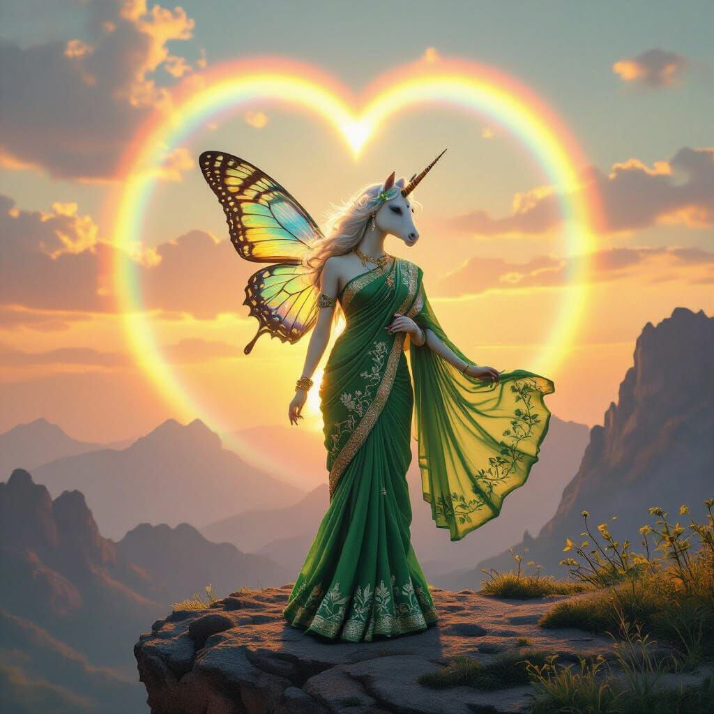 Unicorn with Butterfly Wings and Heart-Shaped Rainbow