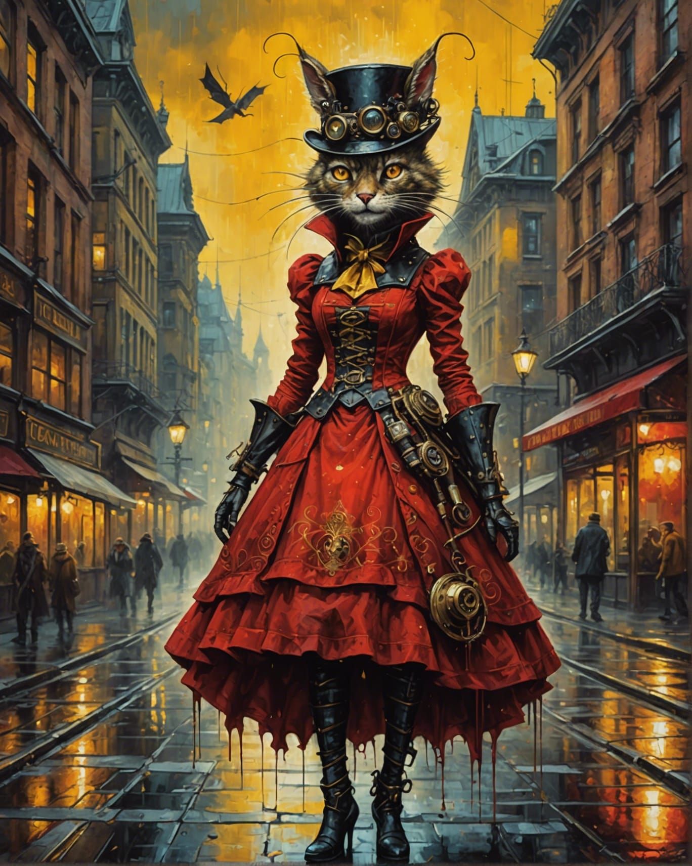 Steampunk Chupacabra in Red Dress: Oil on Canvas