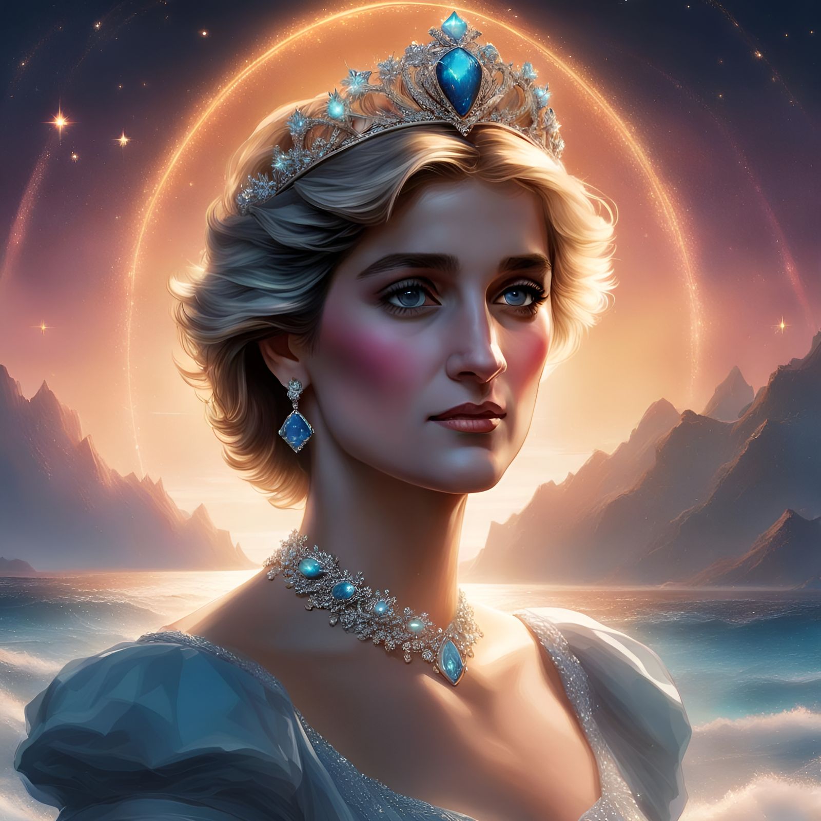 Princess Diana wearing her tiara with a ocean on the background and stars in the nightsky head and shoulders portrait, 8...