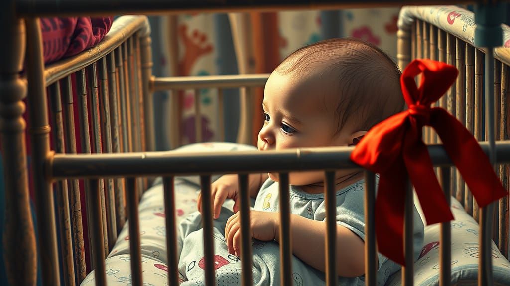 Hyperrealistic Baby's Crib in Nursery, Red Ribbon Detail, Sp...