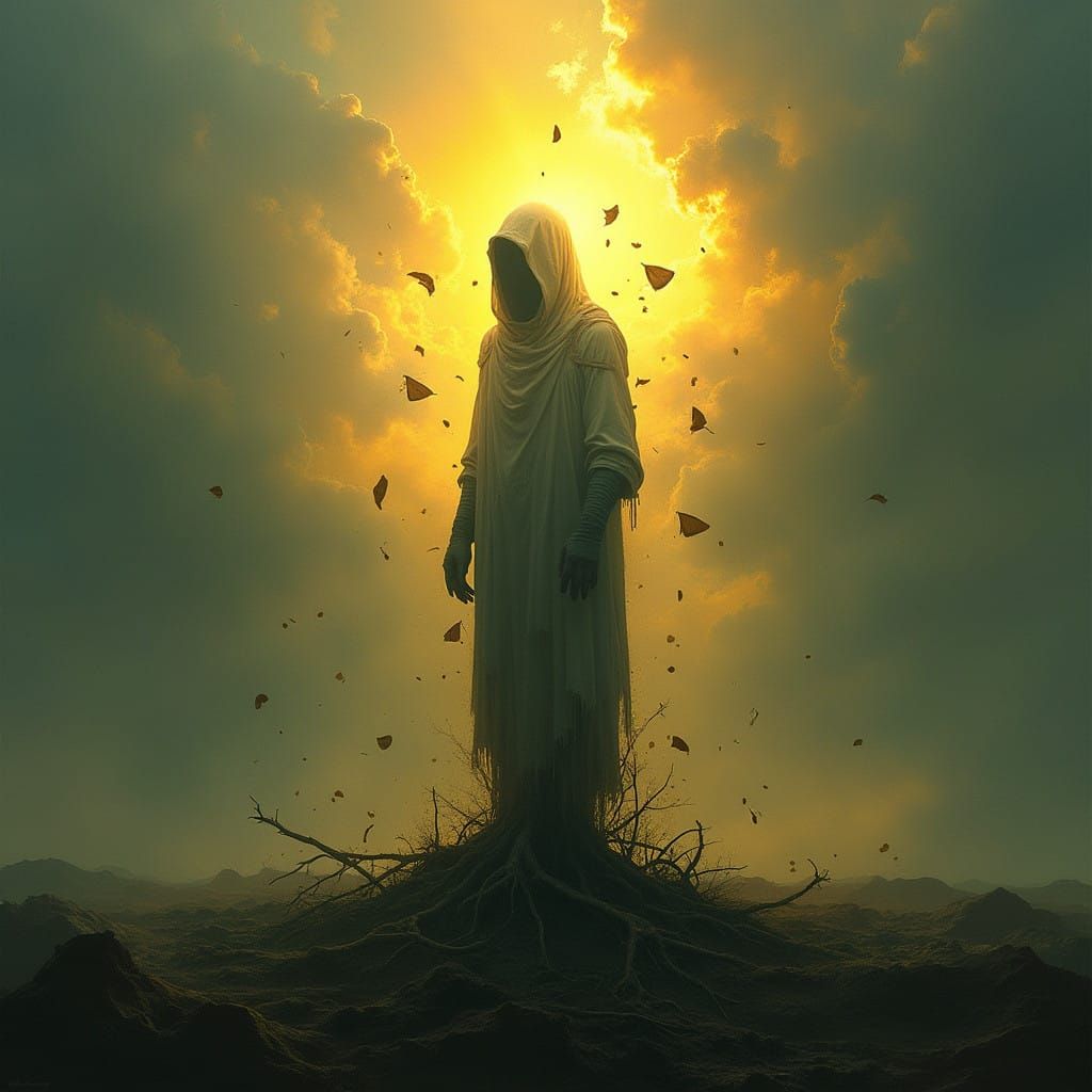 A figure stands unbroken amidst stormy turmoil in expressive...