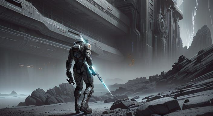 Heroic Spacesuit Figure in Retrofuturistic Landscape