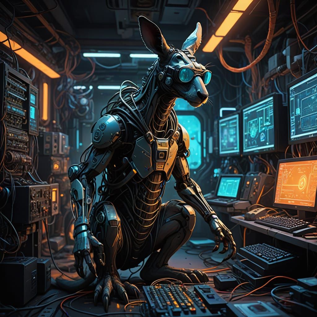 Cybernetic Kangaroo Inspects Futuristic Computer Hardware