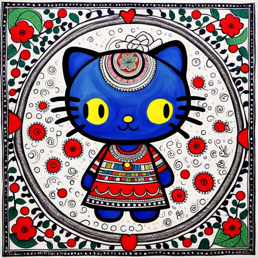 Hello Kitty in Surreal Madhubani Painting Style