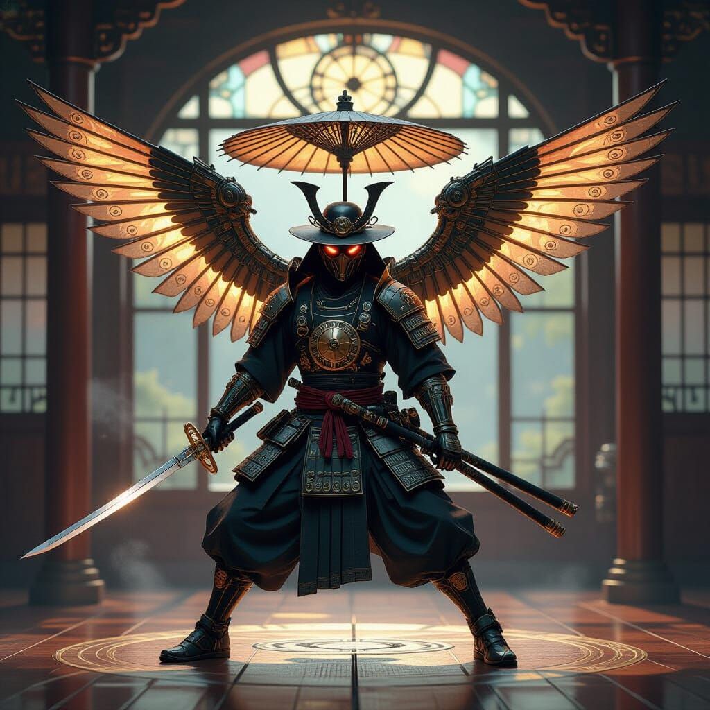 Steampunk Samurai with Clockwork Wings in Gear Dojo