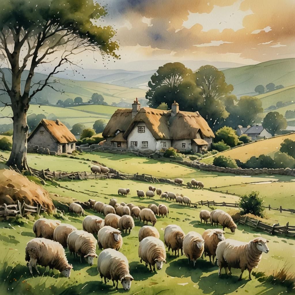 Irish Meadow with Sheep in Watercolor Painting