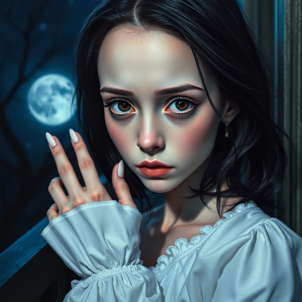 Mysterious Woman in Long White Gown Under Blue Moonlight