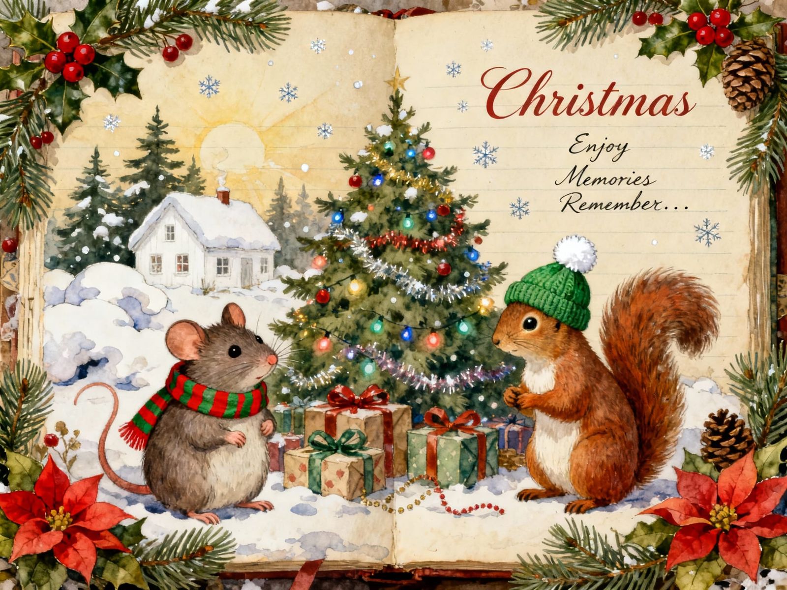 Cute Woodland Creatures in Cozy Christmas Scene