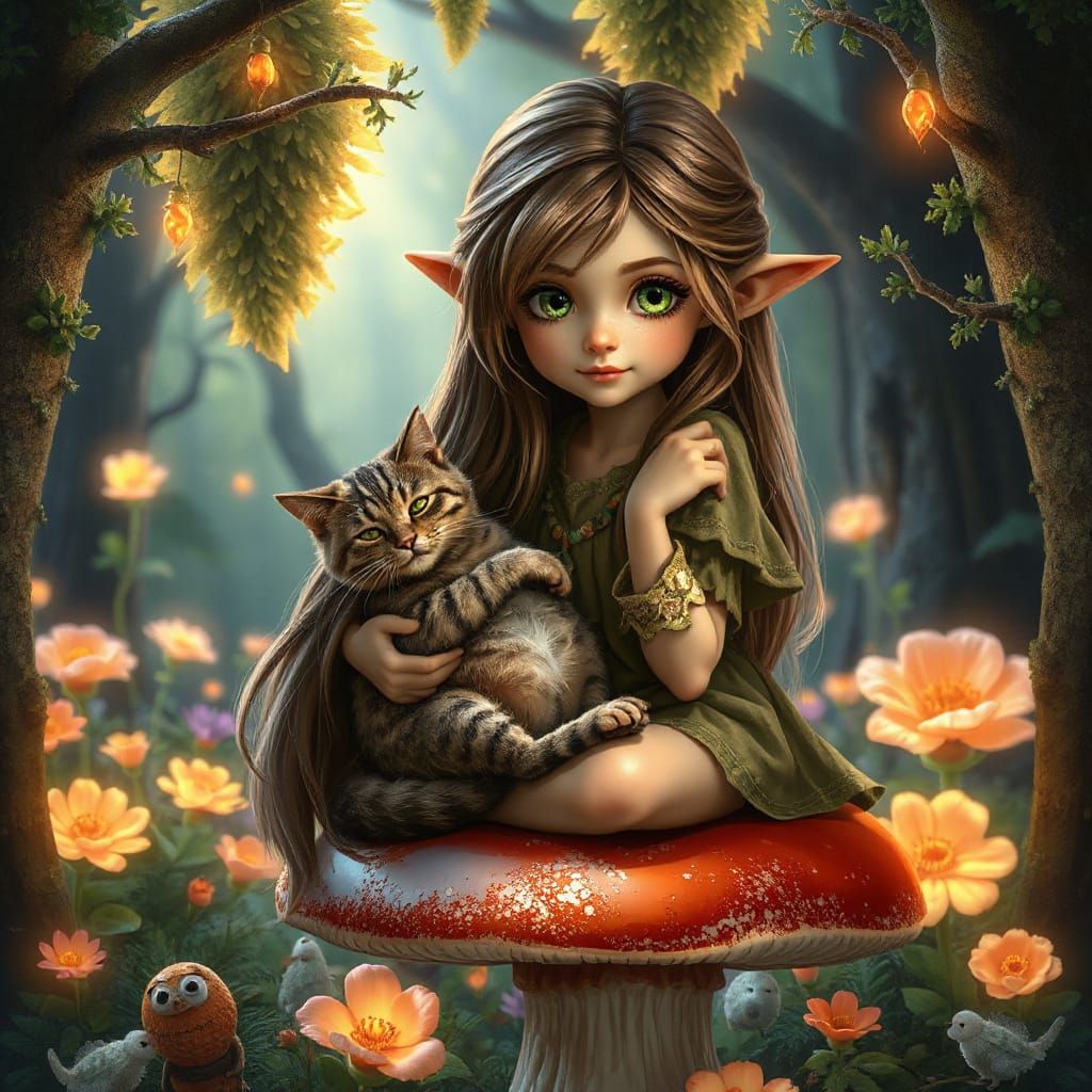 Whimsical Elven Girl in Enchanted Forest Scene