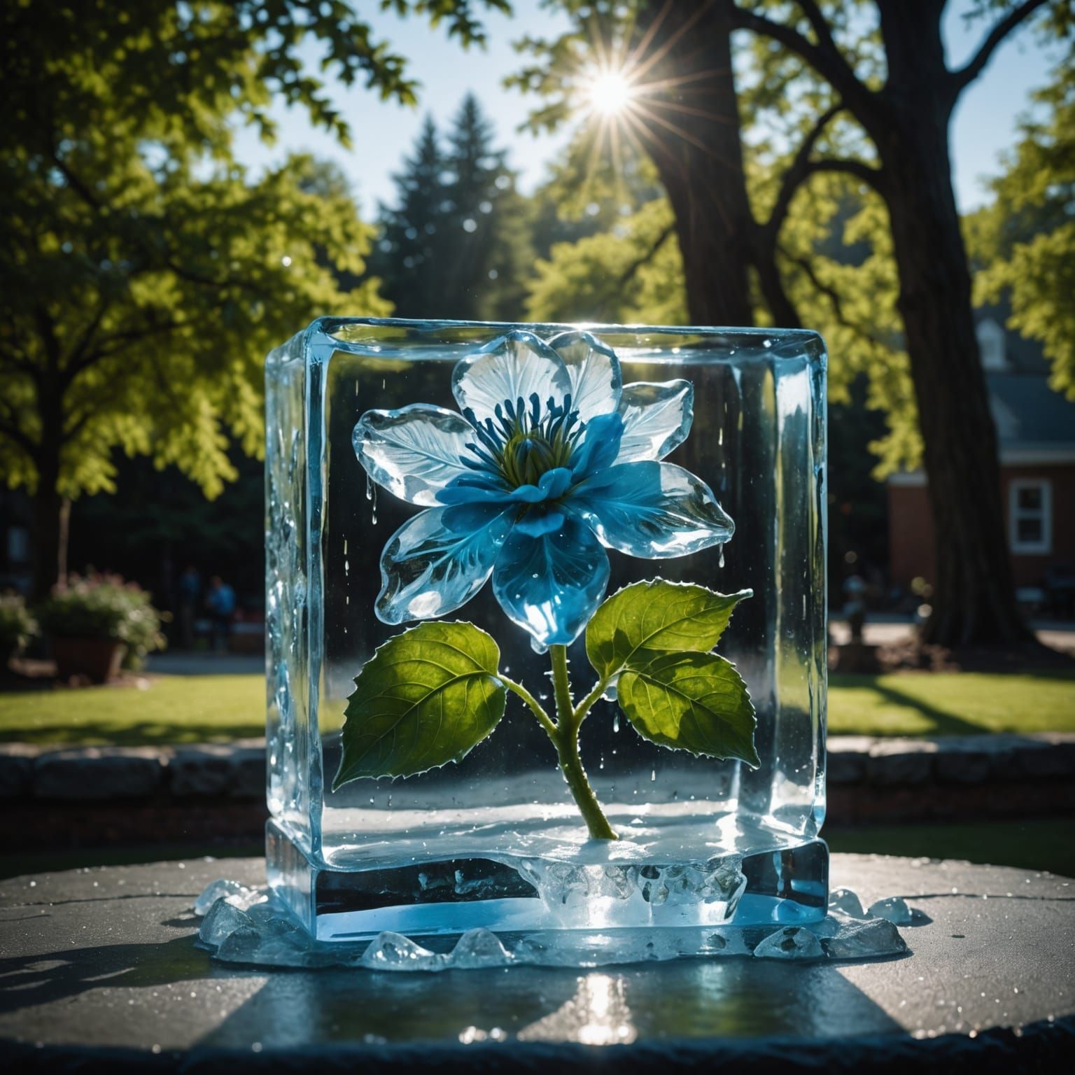 Ice Sculpture: Melting Tree and Flower in Sunlight