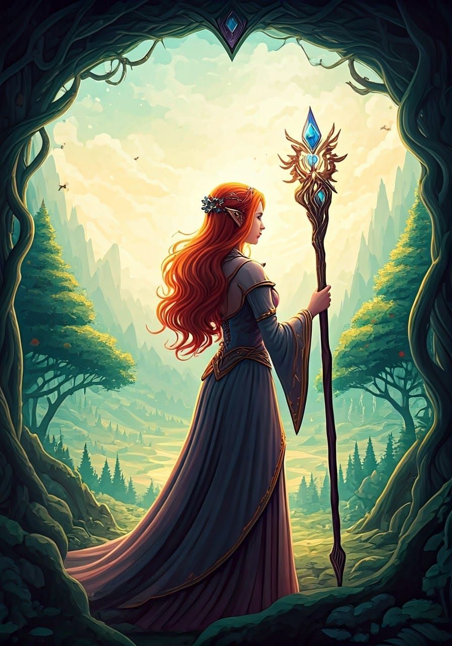 Vibrant Female Mage Gazing at RPG Status Screen