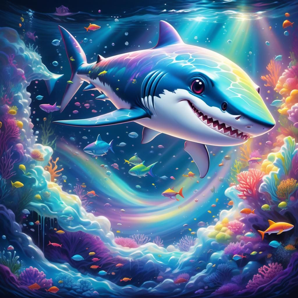 Adorable Chibi Shark in Rainbow Sea Graffiti Art