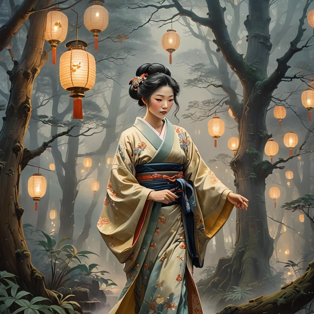 Enchanting Woman in Misty Forest, Ukiyo-e Style