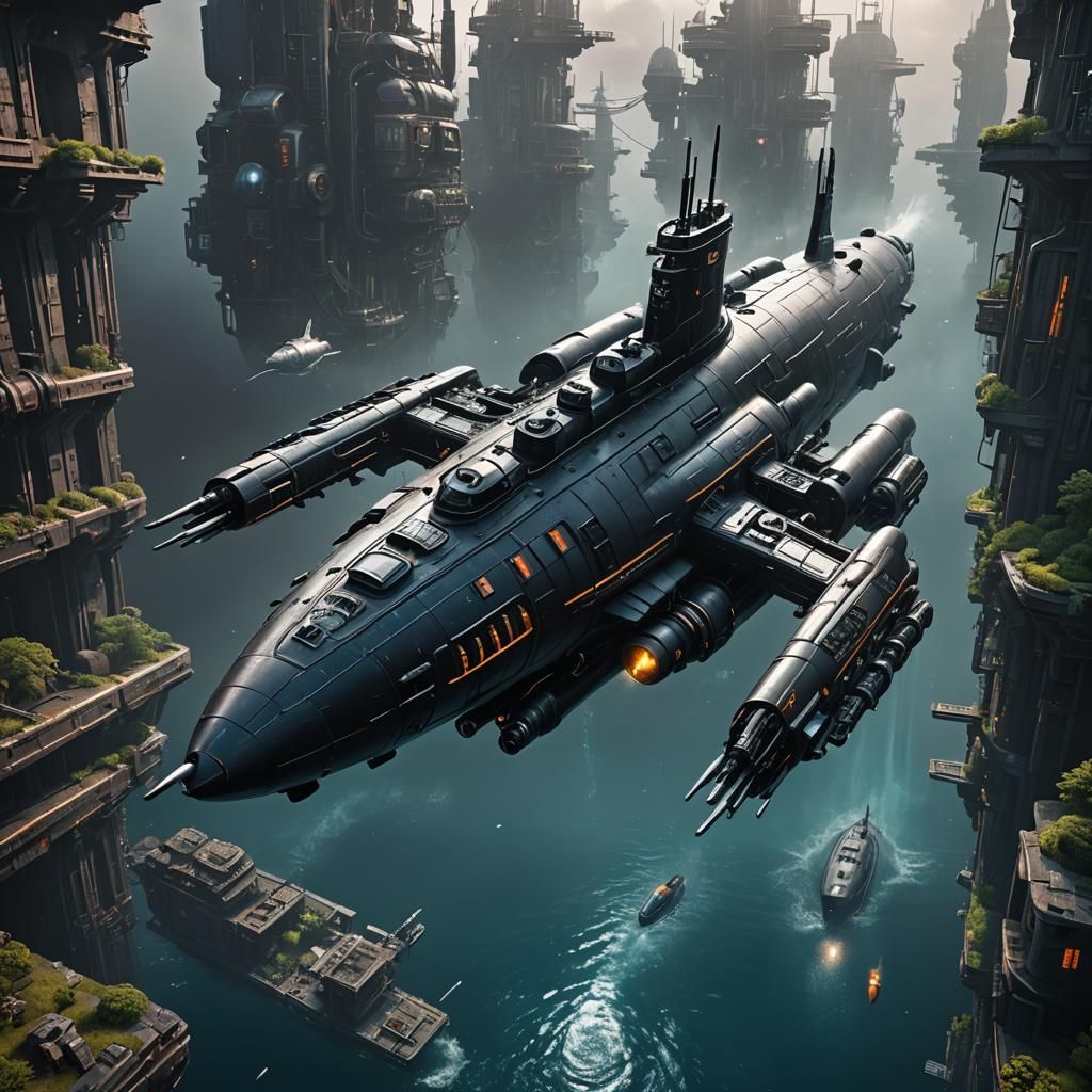 Futuristic Black Submarine in Detailed Matte Painting