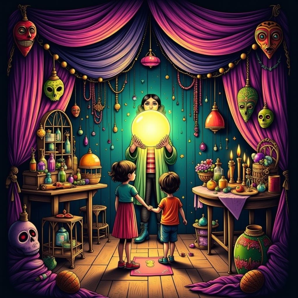 Mysterious Fortune Teller and Children in Mystical Tent