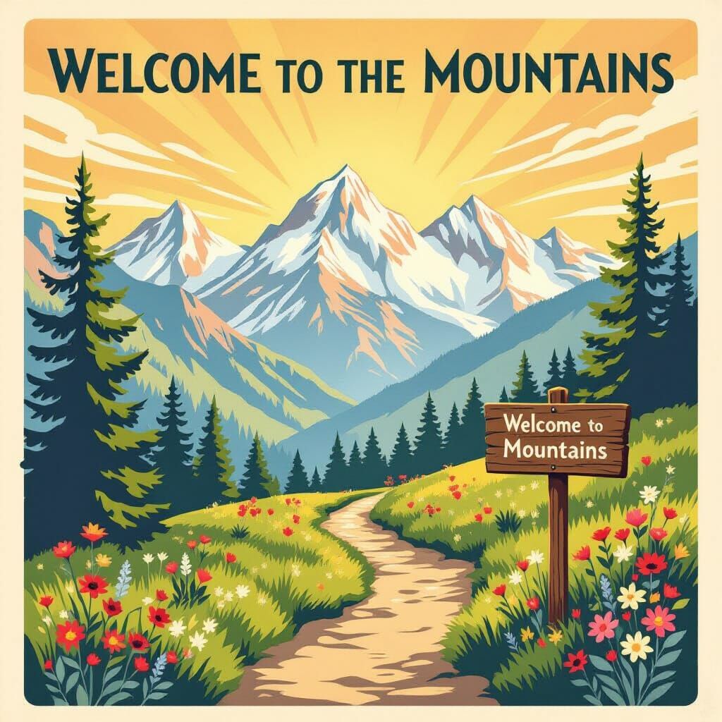 Vintage Mountain Hike Postcard Design