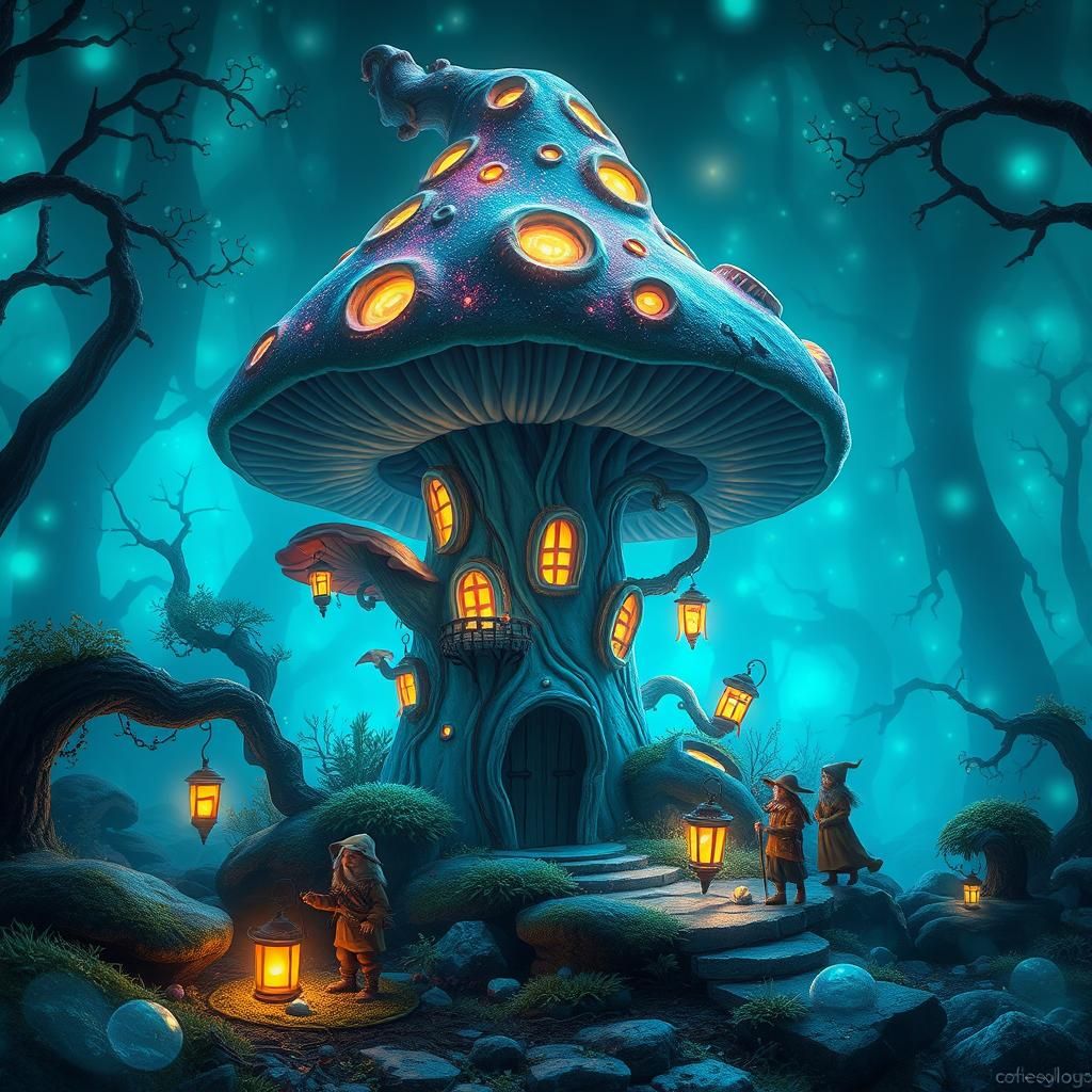 Enchanted Mushroom House in Bioluminescent Forest