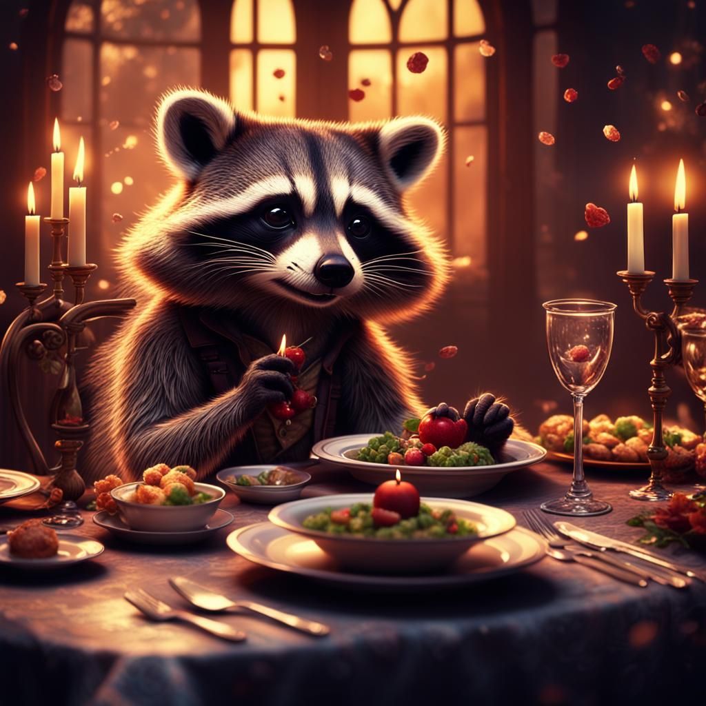 Raccoon Lights Candle at Romantic Dinner