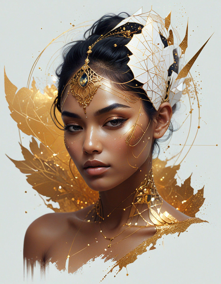 A divine Indian girl with a radiant golden complexion and a spiritual aura