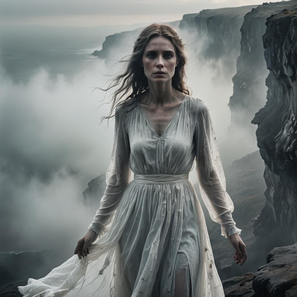 Eerie Ghost on Cliff in Dystopian Surrealism