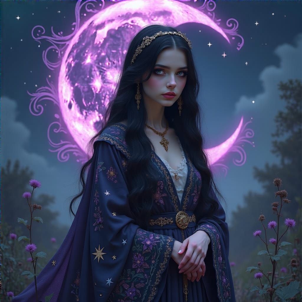 Surreal Witch Enchants Beneath Violet Moon