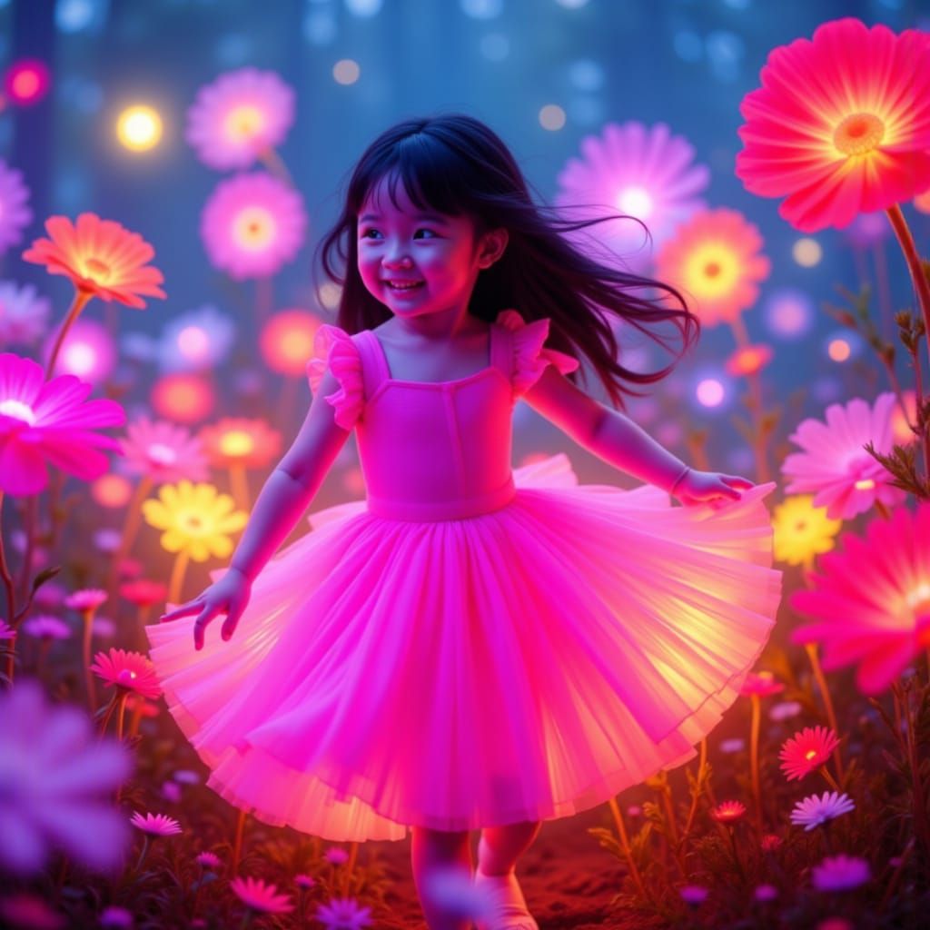 Girl in Neon Pink Dress Dancing Among Glowing Flowers