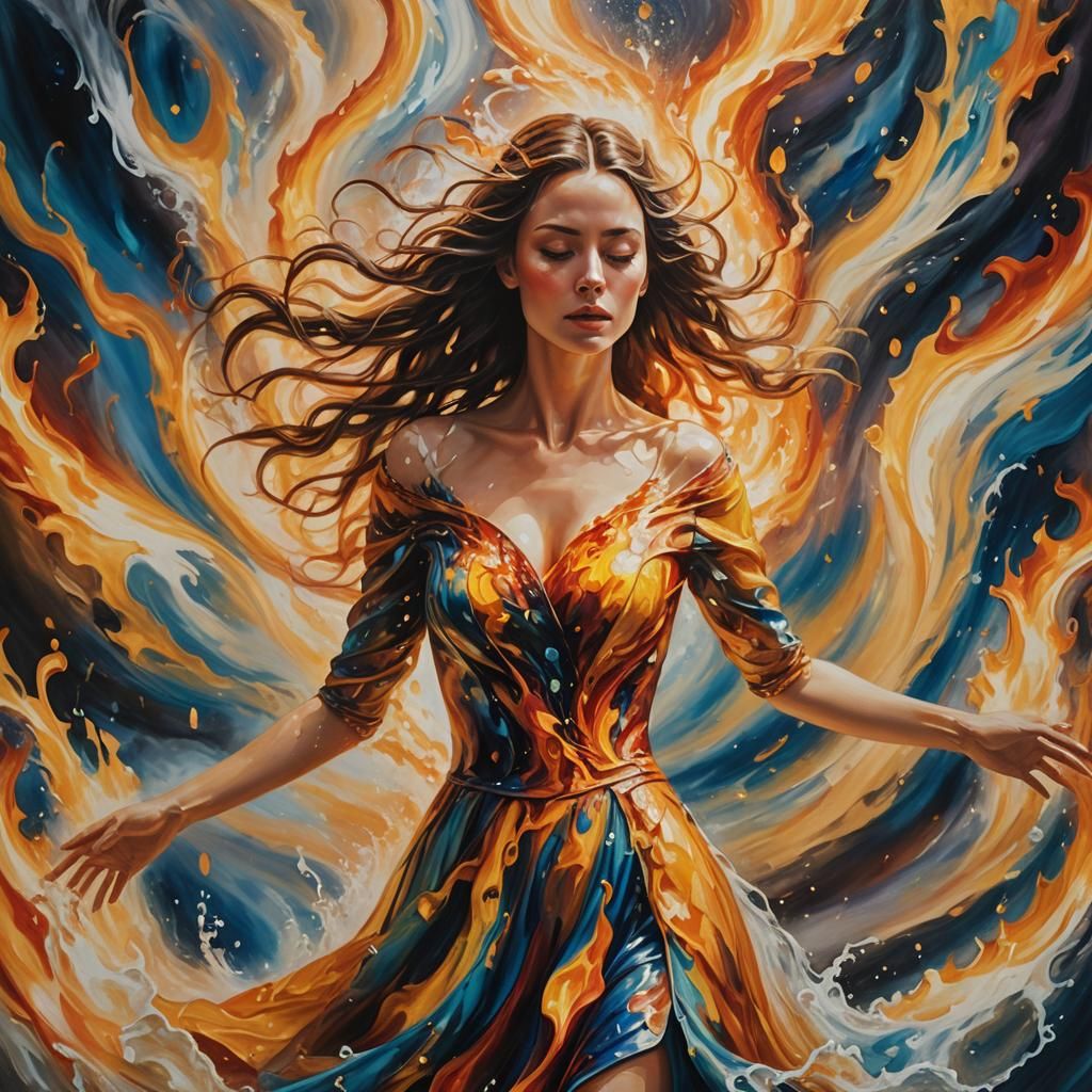 Surreal Woman in Fire and Water: Oil Painting