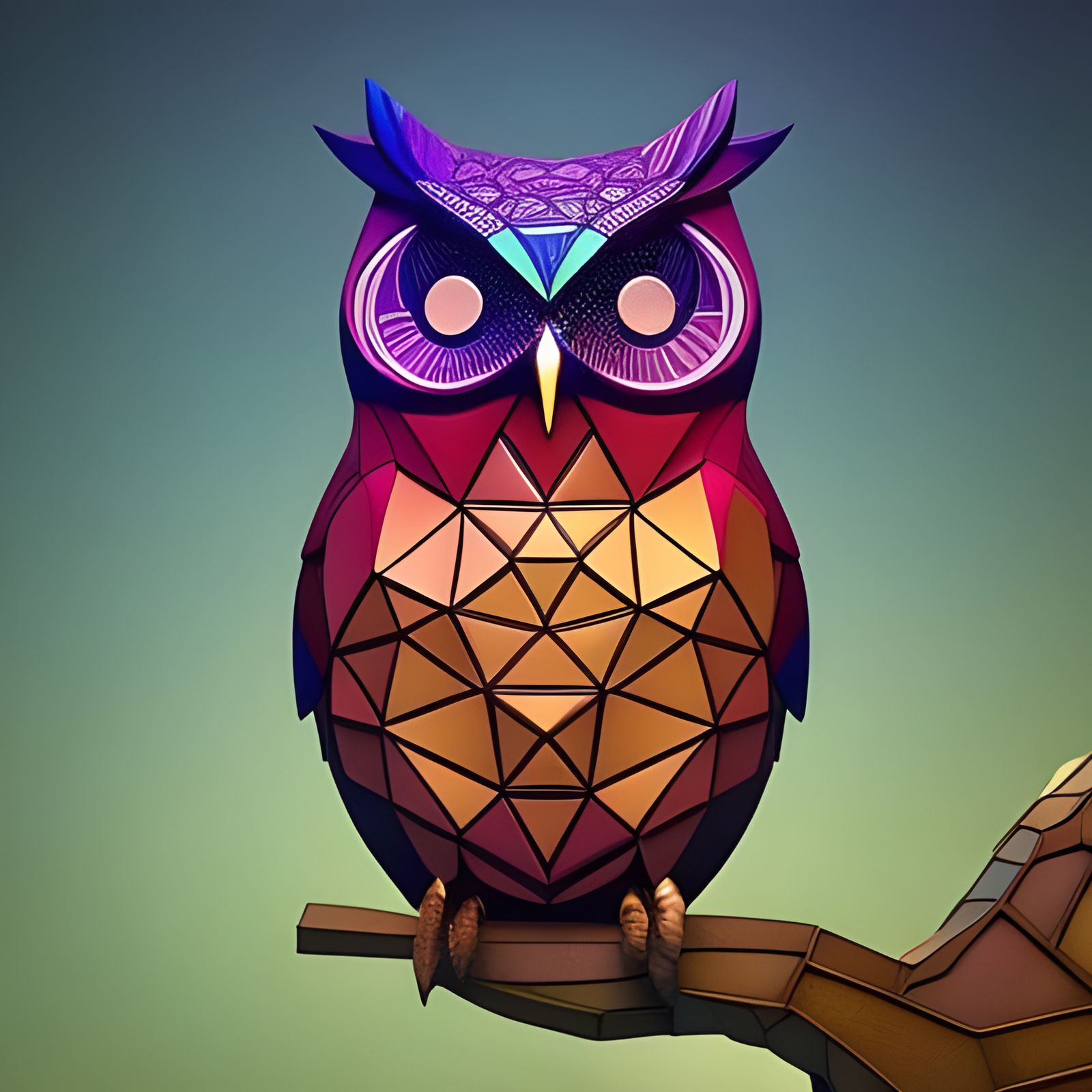 Geometric Stained Glass Owl on Branch