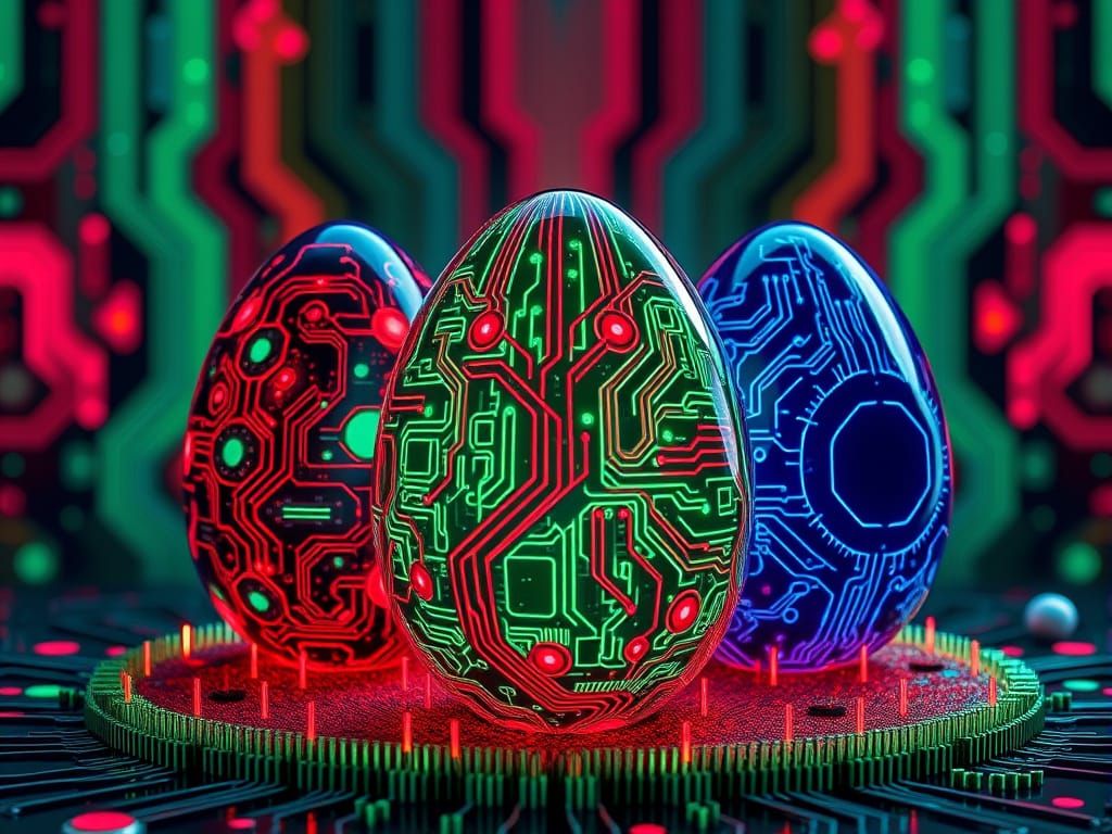 Futuristic Circuitry Easter Eggs in Vibrant Synthwave Color